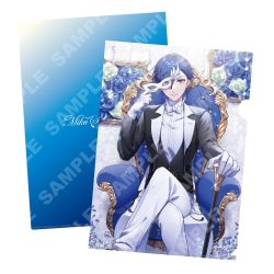 Rule 34 | 1boy, blue eyes, blue theme, cane, chair, clear file, crossed legs, easy chair, eye mask, formal, gloves, holding, holding cane, kaito (vocaloid), miku symphony (vocaloid), official art, on chair, pants, picture frame, sample watermark, second-party source, sitting, solo, suit, vocaloid, watermark, white gloves