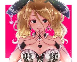Rule 34 | 1girl, animal ears, blonde hair, blush, breasts, brown hair, cleavage, collarbone, cross-laced clothes, earrings, gradient hair, hair between eyes, hanasaki rine, heart, heart earrings, highres, idolmaster, idolmaster shiny colors, izumi mei, jewelry, large breasts, looking at viewer, multicolored hair, own hands together, parted lips, rabbit ears, simple background, smile, solo, twintails, two-tone background, upper body, wrist cuffs