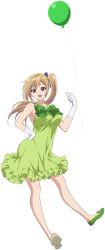 Rule 34 | 10s, 1girl, :d, ballet slippers, balloon, bare shoulders, blonde hair, bow, breasts, clenched hands, dress, floating hair, frilled dress, frills, full body, gloves, green dress, hair ribbon, halterneck, hand on own hip, happy, holding, kawakami mai, light brown hair, long hair, looking at viewer, mole, mole under eye, musaigen no phantom world, official art, open mouth, parted bangs, purple eyes, ribbon, shoes, short dress, side ponytail, slippers, smile, solo, spaghetti strap, transparent background, white gloves