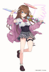 Rule 34 | 1girl, blue eyes, blush, breasts, brown footwear, brown hair, character request, closed mouth, collared shirt, commentary request, copyright notice, covered navel, crop top, dennou tenshi djibril, dress shirt, grey skirt, hair between eyes, halo, highres, holding, holding sword, holding weapon, jacket, loafers, long hair, long sleeves, maruma (maruma gic), medium breasts, off shoulder, official art, open clothes, open jacket, over shoulder, pink jacket, plaid, plaid skirt, pleated skirt, puffy long sleeves, puffy sleeves, school swimsuit, shirt, shoes, simple background, skirt, sleeves past wrists, smile, socks, solo, standing, standing on one leg, swimsuit, swimsuit under clothes, sword, sword over shoulder, underboob, v, very long hair, watermark, weapon, weapon over shoulder, white background, white shirt, white socks