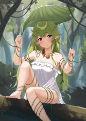 Rule 34 | 1girl, absurdres, barefoot, branch, breasts, cleavage, dress, elf, entangled, forest, frilled dress, frills, giant leaf, green hair, highres, holding, holding leaf, in tree, jewelry, leaf, long hair, messy hair, nature, necklace, original, plant, pointy ears, purple eyes, short dress, sitting, sitting in tree, skindentation, small breasts, solo, spaghetti strap, tree, very long hair, vines, wanimaru, white dress