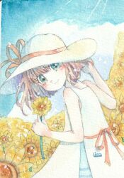Rule 34 | 1girl, artist name, bare shoulders, blue eyes, blue sky, brown hair, cloud, dress, flower, hat, hat ribbon, highres, holding, holding flower, lico (lico sumire), light blush, looking at viewer, original, painting (medium), red ribbon, ribbon, signature, sky, sleeveless, sleeveless dress, smile, solo, sun hat, sunflower, traditional media, upper body, watercolor (medium), white dress, yellow flower