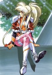 Rule 34 | 1girl, absurdres, argyle, argyle clothes, argyle cutout, arms at sides, blonde hair, cleavage cutout, clothing cutout, crossed legs, day, full body, highres, light rays, long hair, long sleeves, outdoors, ponytail, profile, scan, sitting, solo, urushihara satoshi, very long hair