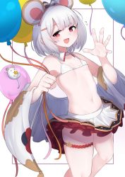 Rule 34 | 1girl, animal ears, balloon, bare shoulders, bikini, blush, breasts, bridal garter, cheese, collarbone, detached collar, food, granblue fantasy, hair ornament, hairclip, highres, holding, holding balloon, looking at viewer, micro bikini, mouse (animal), mouse ears, navel, open mouth, paingumi, red eyes, shawl, short hair, skirt, small breasts, smile, swimsuit, thighs, vikala (granblue fantasy), white hair, white skirt
