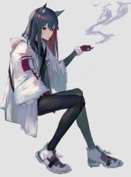 Rule 34 | 1girl, absurdres, animal ear fluff, animal ears, arknights, black hair, black pantyhose, black shirt, brown eyes, cigarette, closed mouth, commentary, cross-laced footwear, expressionless, full body, gloves, grey background, hair between eyes, highres, invisible chair, jacket, long hair, multicolored hair, name tag, official alternate costume, open clothes, open jacket, pantyhose, red gloves, red hair, shirt, shoes, simple background, sitting, smoke, smoking, sneakers, solo, symbol-only commentary, texas (arknights), texas (winter messenger) (arknights), two-tone hair, white footwear, white jacket, wolf ears, yu-hi