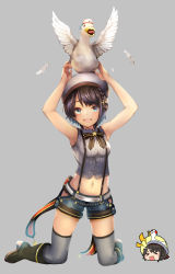 Rule 34 | &gt;o&lt;, 1girl, :d, aqua eyes, armpits, arms up, backwards hat, belt, bird, black ribbon, blue shorts, breasts, brown footwear, brown hair, chibi, chibi inset, commentary request, cropped shirt, duck, feathers, full body, grey background, grey shirt, grey thighhighs, hair ornament, hairclip, hat, highres, hip vent, hololive, kneeling, looking at viewer, mascot, medium breasts, midriff, navel, neck ribbon, official alternate costume, oozora subaru, oozora subaru (work), open mouth, ribbon, sailor hat, shadow, shirt, short hair, shorts, sleeveless, sleeveless shirt, smile, solo, striped clothes, striped shirt, subaru duck, suspender shorts, suspenders, swept bangs, thighhighs, tomoeyakenari, vertical-striped clothes, vertical-striped shirt, virtual youtuber, white belt, white hat