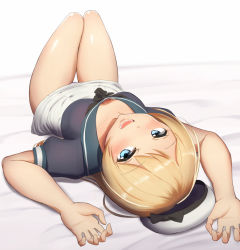 Rule 34 | 1girl, blonde hair, blue eyes, blue sailor collar, curled fingers, dress, foreshortening, gloves, hat, jervis (kancolle), kantai collection, long hair, looking at viewer, lying, maku ro, open mouth, sailor collar, sailor dress, short sleeves, solo, thigh gap, thighs, white background, white dress, white gloves, white hat