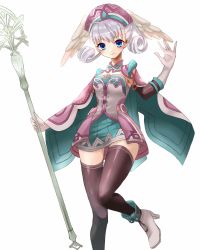 Rule 34 | 1girl, bad id, bad pixiv id, blue eyes, boots, breasts, cape, curly hair, dress, elbow gloves, feet out of frame, gloves, hat, head wings, high heel boots, high heels, highres, holding, holding staff, looking at viewer, medium breasts, melia antiqua, nintendo, papapa36, silver hair, simple background, smile, solo, staff, thigh gap, thighhighs, white background, wide hips, wings, xenoblade chronicles (series), xenoblade chronicles 1
