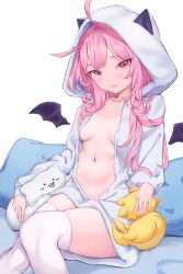 Rule 34 | 1girl, absurdres, ahoge, animal ears, animal hood, bat wings, blush, breasts, cat ears, cat hood, chocobo, closed mouth, eien project, eyebrows, female focus, highres, hood, hoodie, kiki lockheart, looking at viewer, lunarisbloom, matching hair/eyes, navel, no bra, open clothes, pink eyes, pink hair, simple background, sitting, small breasts, solo, stomach, stuffed toy, thighhighs, thighs, virtual youtuber, white background, white hoodie, white thighhighs, wings