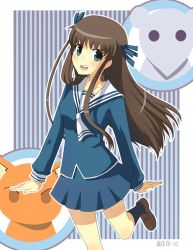 Rule 34 | 1girl, :d, blue background, blue eyes, blue ribbon, blue skirt, brown footwear, brown hair, cat, fruits basket, hair ribbon, half updo, honda tooru, leg up, long sleeves, mouse (animal), open mouth, ribbon, risako (gladyfaith), school uniform, serafuku, shoes, skirt, smile, souma kyou, souma yuki, striped, striped background, vertical stripes