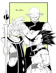 Rule 34 | 3boys, antennae, beerus, beerus (cosplay), clenched teeth, commentary request, cosplay, crossed arms, dragon ball, dragon ball super, ear piercing, earrings, frown, greyscale, holding, holding staff, jewelry, male focus, monochrome, multiple boys, muscular, muscular male, neck ring, no eyebrows, piccolo, piercing, pointy ears, potara earrings, senka-san, shin (dragon ball), shin (dragon ball) (cosplay), son goku, staff, sweatdrop, teeth, twitter username, ultra ego (dragon ball), ultra instinct, vegeta, whis, whis (cosplay)