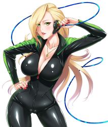 Rule 34 | 1girl, anise mackinnon, arm up, black bodysuit, blonde hair, blush, bodysuit, breasts, cable, cameltoe, cleavage, collarbone, contrapposto, cowboy shot, eyes visible through hair, female focus, fingernails, glint, glowing, green eyes, hand on own hip, headphones, high collar, highres, hip focus, impossible clothes, jewelry, large breasts, leaning to the side, lilith-soft, lipstick, long hair, long sleeves, looking at viewer, makeup, nail polish, necklace, official art, parted lips, pendant, red lips, red nails, shiny clothes, simple background, skin tight, smile, solo, standing, swept bangs, taimanin (series), taimanin asagi kessen arena, unzipped, very long hair, white background, wire, zipper, zipper pull tab, zol