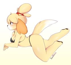 Rule 34 | 1girl, animal crossing, animal ears, animal hands, artist name, bare shoulders, bell, bikini, black bikini, blonde hair, blush, breasts, brown eyes, cleavage, dog ears, dog girl, dog tail, feet, female focus, from side, full body, furry, furry female, gradient background, hair bell, hair ornament, isabelle (animal crossing), jingle bell, loodicrous, lying, medium breasts, nintendo, on stomach, own hands together, paid reward available, profile, shiny skin, short hair, simple background, solo, swimsuit, tail, watermark, white background
