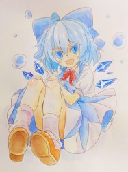 Rule 34 | 1girl, ahoge, blue eyes, blue hair, bow, cirno, dress, eyebrows, fang, full body, hair bow, highres, ice, ice wings, legs together, looking at viewer, loose socks, matching hair/eyes, painting (medium), puffy sleeves, short hair, smile, socks, solo, touhou, traditional media, watercolor (medium), wings, yagami (mukage)