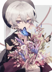 Rule 34 | 1boy, androgynous, bouquet, bug, butterfly, covering own mouth, flower, grey hair, hat, highres, insect, male focus, namiki itsuki, original, pale skin, purple eyes, white hair