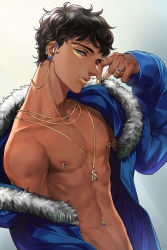 Rule 34 | 1boy, arm at side, bad id, bad pixiv id, black hair, blue eyes, blue jacket, chain necklace, changye, collarbone, dark-skinned male, dark skin, dungeon meshi, earrings, eyelashes, eyeliner, eyeshadow, from side, fur-trimmed jacket, fur trim, grey background, half-closed eyes, hand up, highres, jacket, jewelry, kabru, lipstick, long sleeves, looking at viewer, makeup, male focus, nail polish, naked jacket, navel piercing, necklace, nipple piercing, nipple rings, off shoulder, open clothes, open jacket, parted lips, pendant, piercing, pointing, pointing down, ring, short hair, sideways glance, sleeves past wrists, smile, snake earrings, solo, toned, toned male, wavy hair, yellow lips, yellow nails