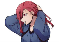 Rule 34 | 1boy, arms up, blue lock, chigiri hyoma, hair tie in mouth, long hair, looking away, male focus, mouth hold, red eyes, red hair, simple background, solo, tarou (run), teeth, tying hair, upper body, white background