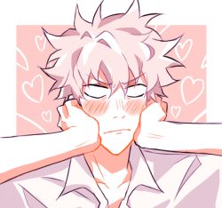 Rule 34 | 1boy, alternate hair color, bakugou katsuki, blonde hair, blush, boku no hero academia, border, claireiosity, closed mouth, collarbone, collared shirt, embarrassed, eyebrows, hair between eyes, hand on own face, hands on own face, heart, male focus, no pupils, pale skin, pink background, shirt, short hair, solo, solo focus, spiked hair, white border, white shirt
