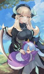 Rule 34 | 2girls, absurdres, black dress, blonde hair, blue hair, breasts, chamber dragonmaid, closed eyes, cloud, dragon girl, dragon tail, dragon wings, dress, duel monster, finger to mouth, grass, green eyes, highres, large breasts, laundry dragonmaid, light blush, long hair, maid, maid headdress, multiple girls, on lap, outdoors, senada37, sky, sleeping, tail, tree, wings, yu-gi-oh!