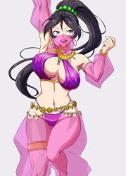 Rule 34 | 1girl, :d, alternate costume, anbj, arm up, armpits, black hair, blue eyes, breasts, breasts apart, commentary, dancer, detached sleeves, earrings, egyptian clothes, forehead, hair between eyes, high ponytail, idolmaster, idolmaster cinderella girls, jewelry, large breasts, looking to the side, navel, necklace, open mouth, see-through, see-through legwear, see-through sleeves, simple background, smile, solo, sugisaka umi, teeth, thigh gap, thigh strap, upper teeth only, v-shaped eyebrows, white background