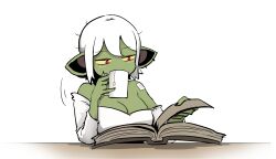 Rule 34 | 1girl, absurdres, artist self-insert, bandages, black nails, book, breasts, cleavage, colored sclera, colored skin, cup, earrings, female goblin, goblin, green skin, highres, holding, holding cup, jewelry, minchi (anda), monster girl, mug, off shoulder, pointy ears, reading, red eyes, shirt, solo, table, turning page, white background, white hair, white shirt, yellow sclera