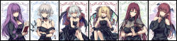 Rule 34 | 6+girls, absurdres, alternate costume, bare shoulders, bat wings, between fingers, black bow, black dress, black gloves, black wings, blonde hair, blue eyes, book, bow, braid, breasts, cleavage, closed mouth, commentary request, dagger, dress, flandre scarlet, flower, gloves, gothic lolita, head wings, highres, holding, holding book, holding knife, hong meiling, index finger raised, izayoi sakuya, knife, knives between fingers, koakuma, large breasts, lolita fashion, long hair, long image, long sleeves, looking at viewer, monety, multiple girls, open mouth, own hands together, patchouli knowledge, pocket watch, pointy ears, purple eyes, purple hair, red eyes, red flower, red hair, red rose, remilia scarlet, rose, siblings, silver hair, sisters, smile, touhou, twin braids, watch, weapon, wide image, wings, wrist cuffs