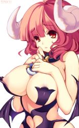 Rule 34 | 1girl, areola slip, bat wings, blush, breasts, cleavage, collar, demon girl, horns, la pucelle, large breasts, maou prier, prier, red eyes, red hair, simple background, solo, upper body, white background, wings, yadamon (neverland)