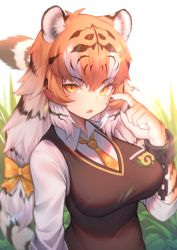 Rule 34 | 1girl, absurdres, akuma (st.takuma), animal ear fluff, animal ears, black hair, bow, breasts, brown vest, chain, claws, commentary, cuffs, day, fang, fur, gradient hair, hair between eyes, hair bow, highres, japari symbol, kemono friends, large breasts, large tail, long hair, long sleeves, looking at viewer, multicolored hair, necktie, open mouth, orange bow, orange eyes, orange hair, orange necktie, outdoors, plaid necktie, scratching cheek, shackles, shirt, siberian tiger (kemono friends), solo, tail, tiger ears, tiger girl, tiger tail, vest, white hair, white shirt, wing collar