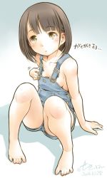 Rule 34 | 1girl, barefoot, breasts, brown eyes, brown hair, feet, highres, naked overalls, no bra, original, overalls, sekihan, short hair, small breasts, solo, toes, translated