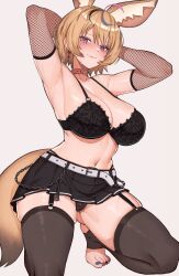 Rule 34 | 1girl, absurdres, ahoge, animal ear fluff, animal ears, armpits, arms behind head, black bra, black panties, black skirt, black thighhighs, blonde hair, bra, breasts, closed mouth, collar, earrings, extra ears, facial mark, feet, fishnet sleeves, fishnets, fox ears, fox tail, garter straps, highres, hololive, jewelry, large breasts, looking at viewer, multicolored hair, nail polish, navel, no shoes, omaru polka, panties, purple eyes, red collar, short hair, simple background, skirt, smile, solo, squatting, stirrup legwear, streaked hair, tail, thighhighs, toeless legwear, toenail polish, toenails, toes, underwear, varniskarnis, virtual youtuber