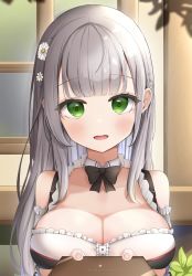 Rule 34 | absurdres, amamiya yuyu, bare shoulders, black necktie, blunt bangs, blush, breasts, chocolate, cleavage, collar, collarbone, dress, flower, frilled dress, frilled sleeves, frills, giving, green eyes, hair flower, hair ornament, highres, hololive, large breasts, long hair, looking at viewer, necktie, open mouth, outdoors, portrait, shirogane noel, silver hair, smile, straight hair, valentine, virtual youtuber, white collar, window