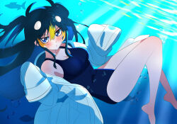 Rule 34 | 1girl, absurdres, air bubble, barefoot, bird, black hair, blue eyes, breasts, bubble, cleavage, gradient hair, highres, large breasts, long hair, multicolored hair, non-web source, one-piece swimsuit, penguin, school swimsuit, submerged, swimsuit, swimsuit under clothes, twintails, underwater