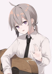 Rule 34 | 1girl, absurdres, ahoge, black necktie, collared shirt, commentary request, girls&#039; frontline, grey eyes, grey hair, guitar, hair between eyes, highres, instrument, m200 (girls&#039; frontline), necktie, nighttsound, ponytail, shirt, solo, waving, white shirt