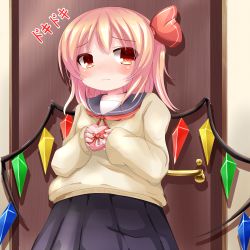 Rule 34 | 1girl, :i, against door, alternate costume, bad id, bad pixiv id, blonde hair, blue skirt, blush, box, commentary request, cowboy shot, door, embarrassed, eriru (remonn09), flandre scarlet, hair ribbon, heart-shaped box, long sleeves, looking at viewer, sound effects, pleated skirt, red eyes, red ribbon, ribbon, sailor collar, school uniform, short hair, side ponytail, skirt, sleeves past wrists, solo, sweater, tareme, touhou, valentine, wings