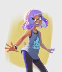 Rule 34 | 1girl, artist name, black leggings, commentary, english commentary, feet out of frame, grey eyes, highres, inkling, inkling girl, inkling player character, leggings, nintendo, open mouth, pointy ears, print shirt, purple hair, seatha, shirt, short hair, sleeveless, sleeveless shirt, smile, solo, splatoon (series), teeth, tentacle hair, two-tone background, white background, yellow background