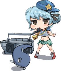 Rule 34 | 1girl, absurdres, blue hair, boombox, breakdance, chibi, double bun, full body, hair bun, hat, highres, hooded top, jewelry, kantai collection, little blue whale (kancolle), microphone, music, necklace, osananajimi neko, samuel b. roberts (kancolle), short hair, singing, white background, yellow eyes