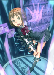 Rule 34 | 1girl, absurdres, bad id, bad pixiv id, blazer, bow, brown eyes, brown hair, buttons, dissolving clothes, english text, engrish text, fang, full body, highres, holographic interface, holographic monitor, jacket, kneehighs, loafers, open mouth, original, ranguage, school uniform, shiro shougun, shoes, short hair, socks, solo