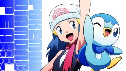 Rule 34 | 1girl, :d, arm up, beanie, blue eyes, blue hair, copyright name, creatures (company), dawn (pokemon), eyelashes, game freak, gen 4 pokemon, hair ornament, hairclip, hat, highres, kuroki shigewo, long hair, nintendo, open mouth, piplup, pokemon, pokemon (anime), pokemon (creature), pokemon dppt (anime), scarf, sleeveless, smile, tongue, twitter username, white background, white headwear