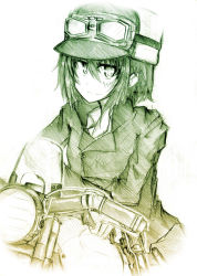 Rule 34 | 00s, 1girl, androgynous, artist request, brimmed hat, goggles, gun, handgun, hat, hermes (kino no tabi), kino (kino no tabi), kino no tabi, monochrome, motor vehicle, motorad, motorcycle, revolver, short hair, sketch, solo, tagme, vehicle, weapon