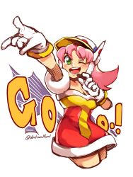 Rule 34 | 1girl, baseball cap, blush, breasts, character request, cleavage, closed eyes, collarbone, cropped legs, dress, english text, gloves, green eyes, happy, hat, headphones, long hair, mega man: battle &amp; chase, mega man (classic), mega man (series), microphone, open mouth, outstretched arm, pink hair, plum (mega man), ponytail, red dress, short dress, short sleeves, simple background, small breasts, thighs, white background, white gloves, white hat, whitmoon