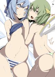 Rule 34 | 2girls, arudente, ass, back, bad id, bad pixiv id, belly, blue eyes, blue hair, blush stickers, bow, breasts, cirno, clothes lift, daiyousei, fairy wings, green hair, hair bow, hair ribbon, heart, ice, ice wings, large bow, looking at viewer, multiple girls, navel, open mouth, plump, ribbon, shirt lift, short hair, small breasts, sweat, thong, topless, touhou, underboob, wings, yellow eyes, yuri