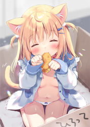 Rule 34 | 1girl, ^ ^, animal ear fluff, animal ears, bare shoulders, blonde hair, blue eyes, blue sailor collar, blurry, blurry background, blush, bow, bow panties, box, breasts, cardboard box, cat ears, cat girl, cat tail, closed eyes, closed mouth, collar, commentary request, depth of field, dress, facing viewer, food in mouth, for adoption, hair between eyes, hair ornament, hairclip, hands up, heart, in box, in container, indoors, long hair, long sleeves, mouth hold, nail polish, navel, original, pan (mimi), panties, paw pose, pink nails, puffy long sleeves, puffy sleeves, red collar, sailor collar, sailor dress, sleeves past wrists, small breasts, solo, tail, ten-chan (pan (mimi)), two side up, underwear, very long hair, white dress, white panties