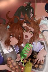 Rule 34 | +++, 3girls, absurdres, agnes tachyon (umamusume), ahoge, animal ears, arms behind back, black hair, bow, bowtie, breasts, brown hair, chestnut, closed mouth, commentary request, food, hair ornament, highres, horse ears, horse girl, horse tail, indoors, jam (umamusume), jungle pocket (umamusume), long hair, looking at another, looking at viewer, manhattan cafe (umamusume), multiple girls, notched ear, open mouth, purple shirt, red eyes, sailor collar, school uniform, shirt, short hair, short sleeves, skirt, small breasts, smile, standing, sweatdrop, tail, takoyaki, takoyaki pan, thighhighs, tonariuta, tracen school uniform, umamusume, white skirt, white thighhighs, yellow eyes