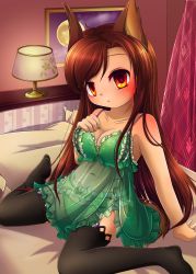 Rule 34 | 1girl, animal ears, babydoll, bed, black thighhighs, blush, breasts, brown hair, collarbone, garter belt, garter straps, hand on own chest, highres, imaizumi kagerou, kakiikada, large breasts, lingerie, long hair, looking at viewer, navel, on bed, panties, red eyes, see-through, sitting, solo, tail, thighhighs, touhou, underwear, underwear only, wolf ears, wolf tail