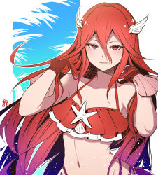 Rule 34 | 1girl, bikini, cordelia (fire emblem), cordelia (summer) (fire emblem), fire emblem, fire emblem awakening, fire emblem heroes, gloves, highres, holding, holding own hair, long hair, nakabayashi zun, nintendo, parted lips, red eyes, red hair, solo, swimsuit, upper body, wing hair ornament