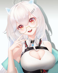 Rule 34 | 1girl, :d, absurdres, ahoge, animal ears, black collar, blue nails, blush, breasts, chest strap, cleavage, cleavage cutout, clothing cutout, collar, collared shirt, commentary request, glasses, hair between eyes, hair ornament, hairclip, hand up, head tilt, heart cutout, highres, large breasts, liu liaoliao, long hair, looking at viewer, nail polish, off shoulder, open mouth, original, red eyes, semi-rimless eyewear, shirt, simple background, sleeveless, sleeveless shirt, smile, solo, teeth, upper body, upper teeth only, v, white background, white hair, white shirt