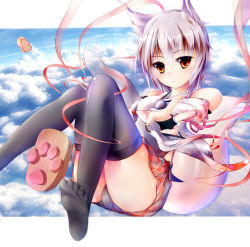 Rule 34 | 1girl, above clouds, absurdres, albino, alternate costume, animal ears, black panties, black thighhighs, blue sky, closed mouth, cloud, day, detached sleeves, eyebrows, frown, garyljq, geta, highres, inubashiri momiji, looking at viewer, md5 mismatch, miniskirt, no headwear, outdoors, panties, pantyshot, paw print, pom pom (clothes), red eyes, ribbon, shoes, unworn shoes, short hair, silver hair, skirt, sky, solo, tail, thighhighs, touhou, underwear, upskirt, wolf ears, wolf tail