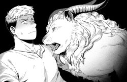 Rule 34 | 1boy, demon, demon horns, dgae 715, dungeon meshi, eye contact, furrowed brow, greyscale, highres, horns, korean commentary, laios touden, lion, long sleeves, looking at another, male focus, monochrome, open mouth, shirt, short hair, simple background, spoilers, sweat, tongue, tongue out, undercut, upper body, winged lion (dungeon meshi)