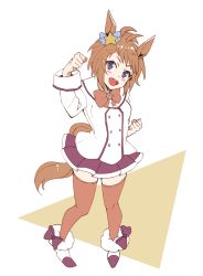 Rule 34 | 1girl, :d, animal ears, boots, bow, bowtie, brown hair, character request, dress, enonko, from above, highres, horse ears, horse girl, horse tail, long sleeves, looking at viewer, necktie, open mouth, orange bow, orange bowtie, orange hair, orange necktie, orange thighhighs, purple eyes, purple skirt, short hair, simple background, skirt, smile, solo, tail, thighhighs, umamusume, white background, white dress, white footwear