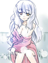 Rule 34 | 10s, 1girl, alternate hairstyle, breasts, cleavage, hakkai, highres, kantai collection, long hair, looking at viewer, murakumo (kancolle), off shoulder, robe, short eyebrows, silver hair, sitting, sketch, smile, solo, yellow eyes